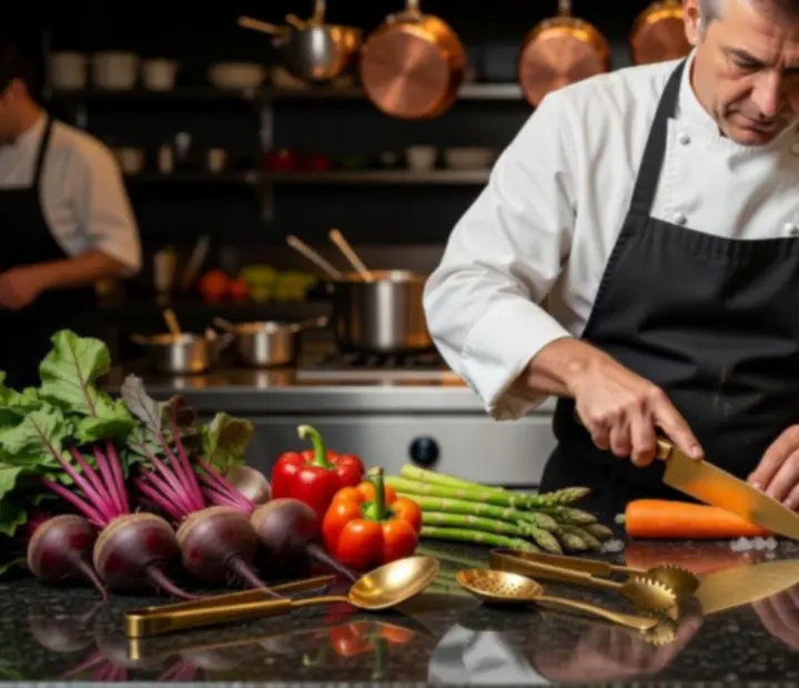 Šéfkuchař LocalFocus24 pečlivě připravuje čerstvé ingredience v profesionální kuchyni.