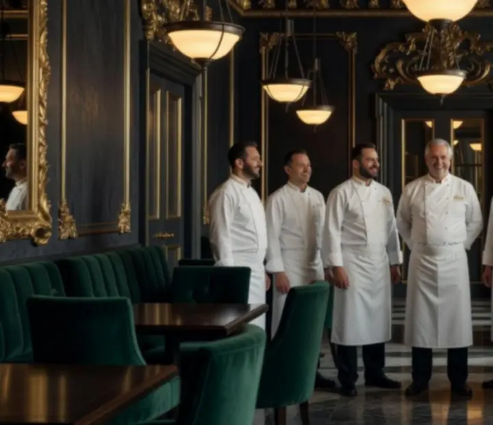Tým šéfkuchařů LocalFocus24 v elegantním tmavém interiéru restaurace s atmosférou pražské noci.