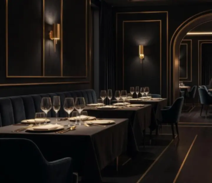 Večerní imperiální restaurace LocalFocus24 s tmavým interiérem a zlatými akcenty