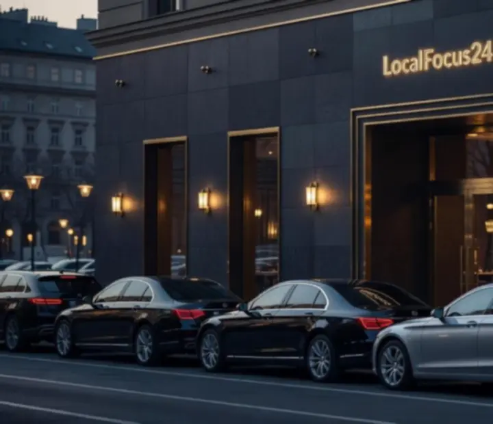 Večerní exteriér LocalFocus24 s vyznačenými parkovacími místy pro hosty