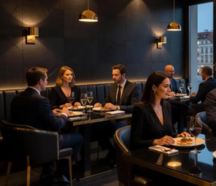 Večerní atmosféra pražské restaurace LocalFocus24 se svíčkami a pohledem do privátního salonku
